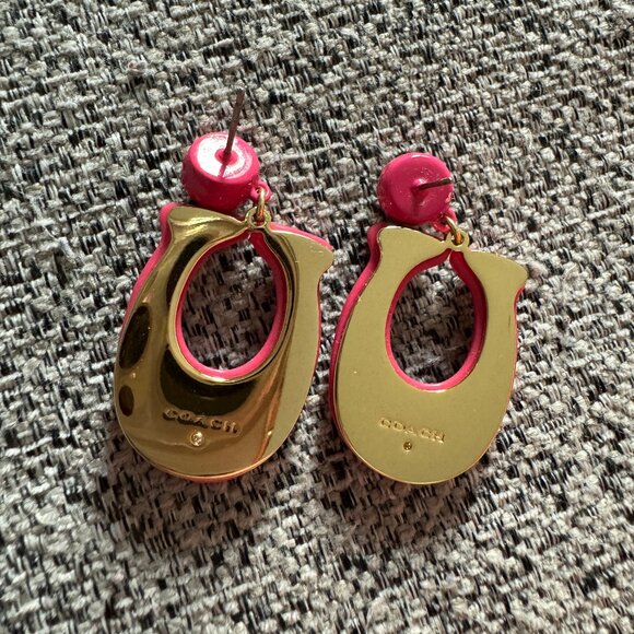 EUC Coach large signature enamel drop earrings #CB410 color pink/gold (ONH) - Picture 2 of 6